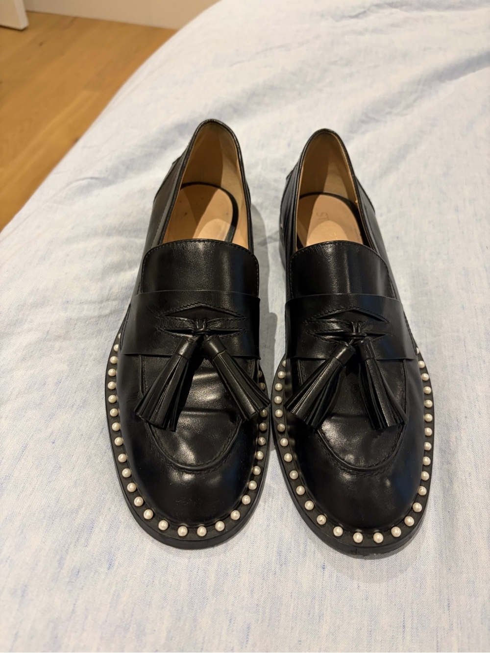 Black Leather Pearl Embellished Loafers - Stuart Weitzman
